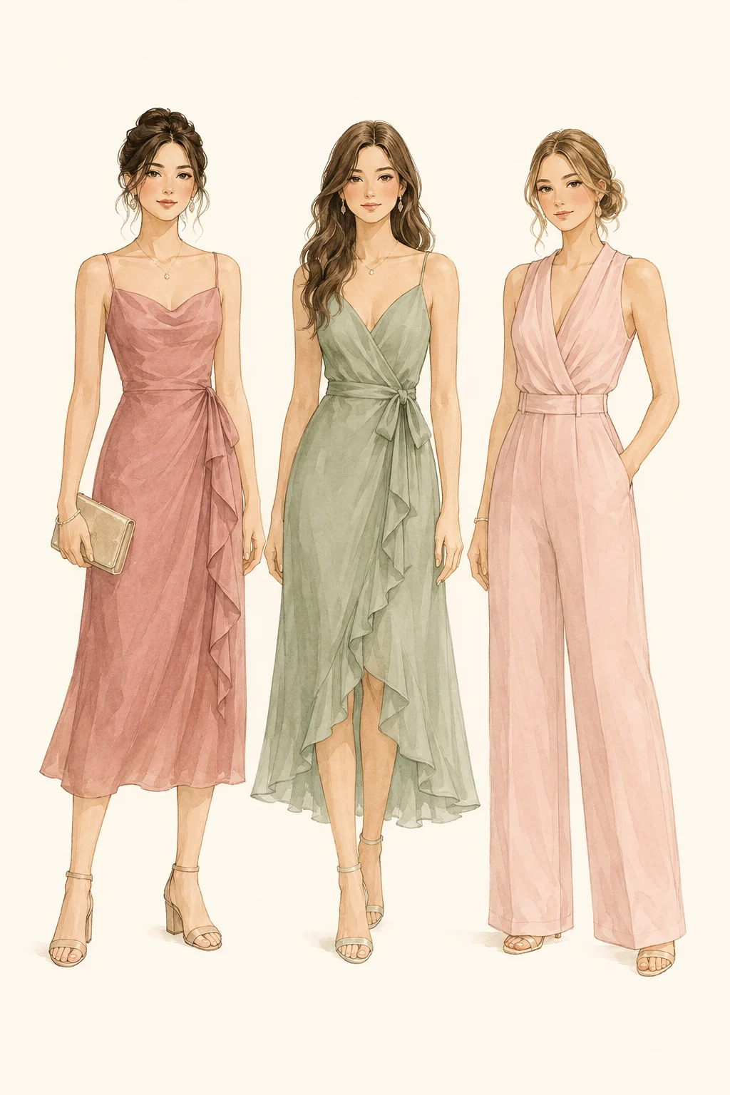 Three examples of Semi Formal attire for women: a dusty rose midi dress, a sage green midi dress, and a blush pink jumpsuit